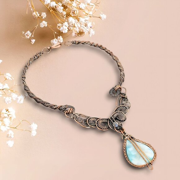 Handmade ✦ Full Wire Wrap Larimar & Quartz Necklace ✦ Artisan Copper Statement - Picture 7 of 10